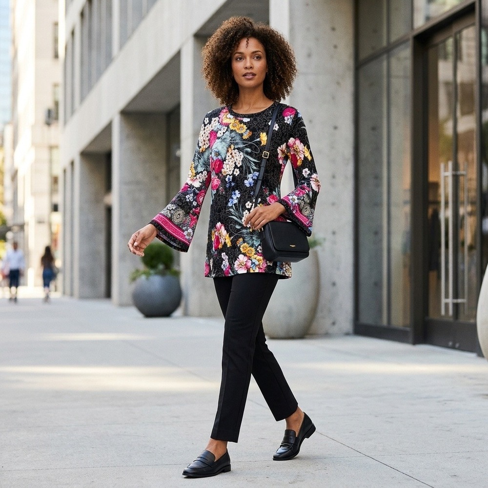Johnny Was Los Angeles Floral Bell Sleeve Tunic Top Black Multi Small
